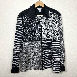 Vintage Allison Taylor Silk Button Down Blouse Animal Print Black White Size M